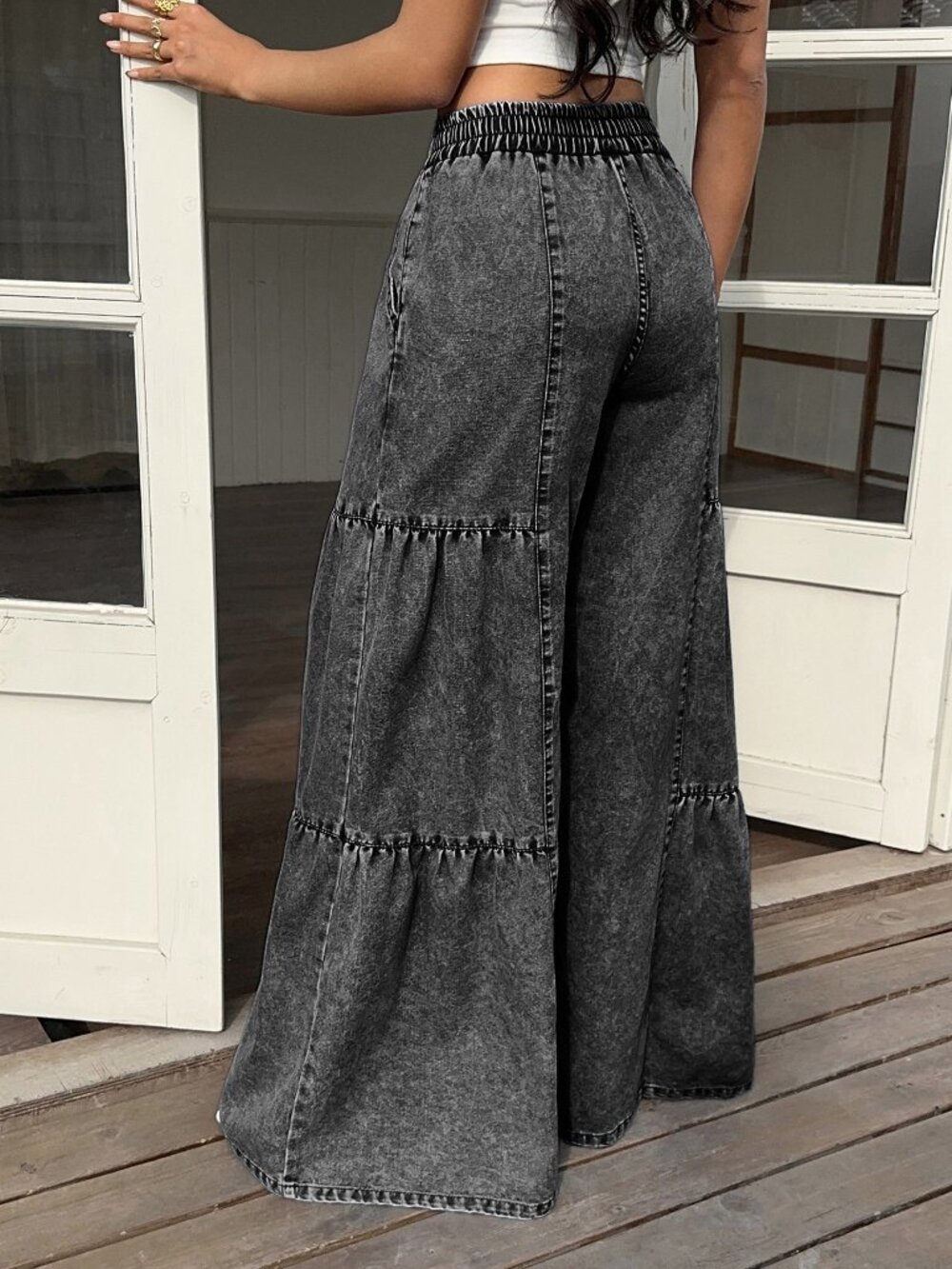 Dark Grey Casual Women's Drawstring Waist Denim Jeans - Picture 2 of 7